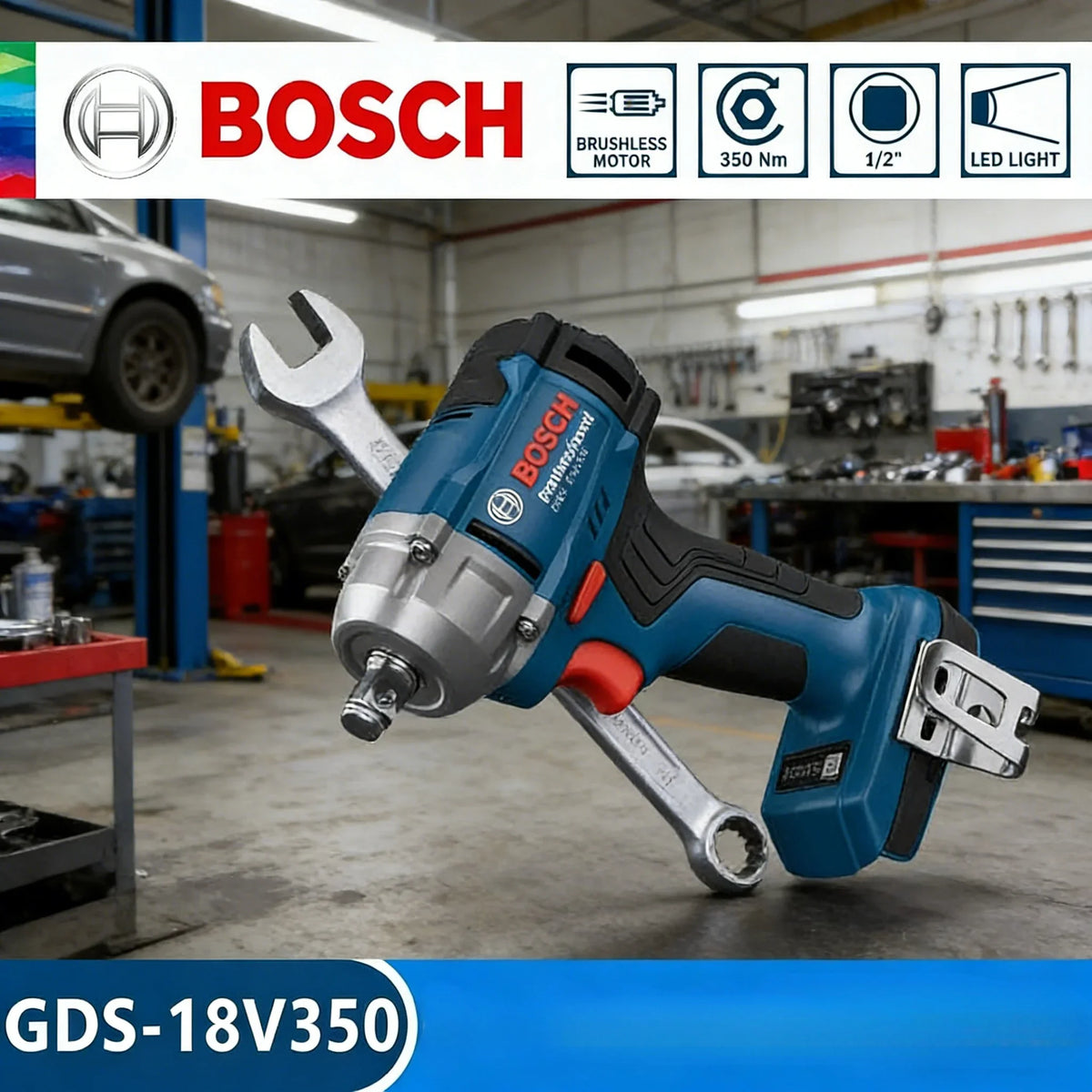 Bosch GDS 18V-350 lifestyle shot, blue/black tool with LED light