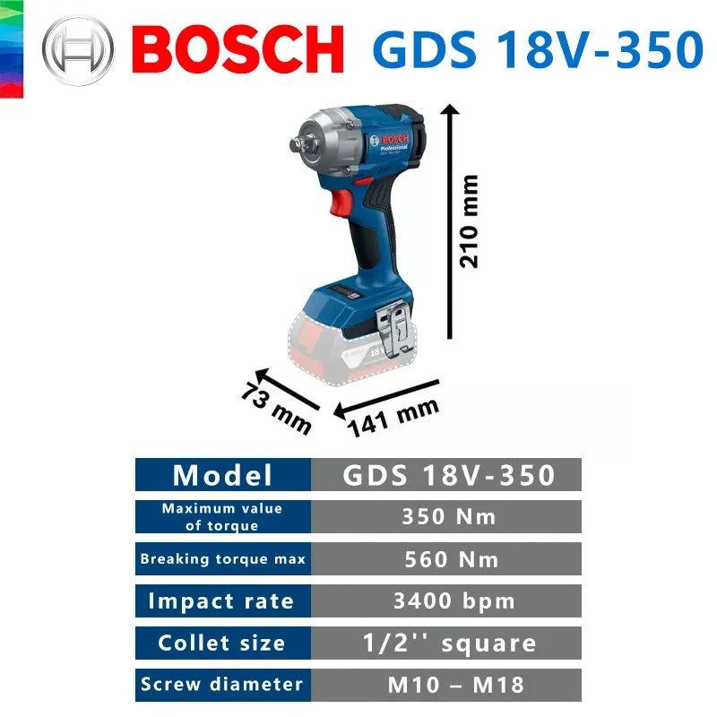 Bosch GDS 18V-350 packaging specifications table, blue and white