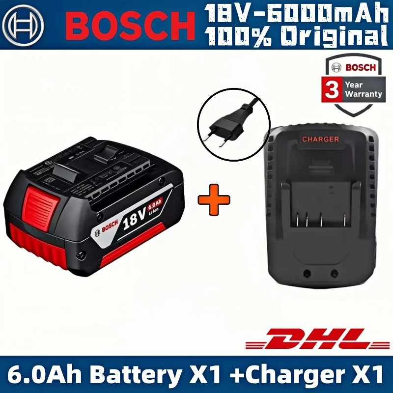 Bosch 18V battery and charger front view, black and red with LED indicator