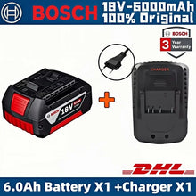 Bosch 18V battery and charger front view, black and red with LED indicator