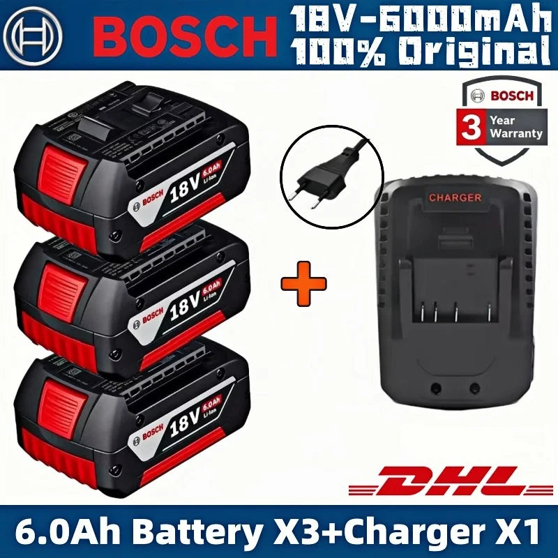 Bosch 18V battery and charger front view, black and red with USB cable