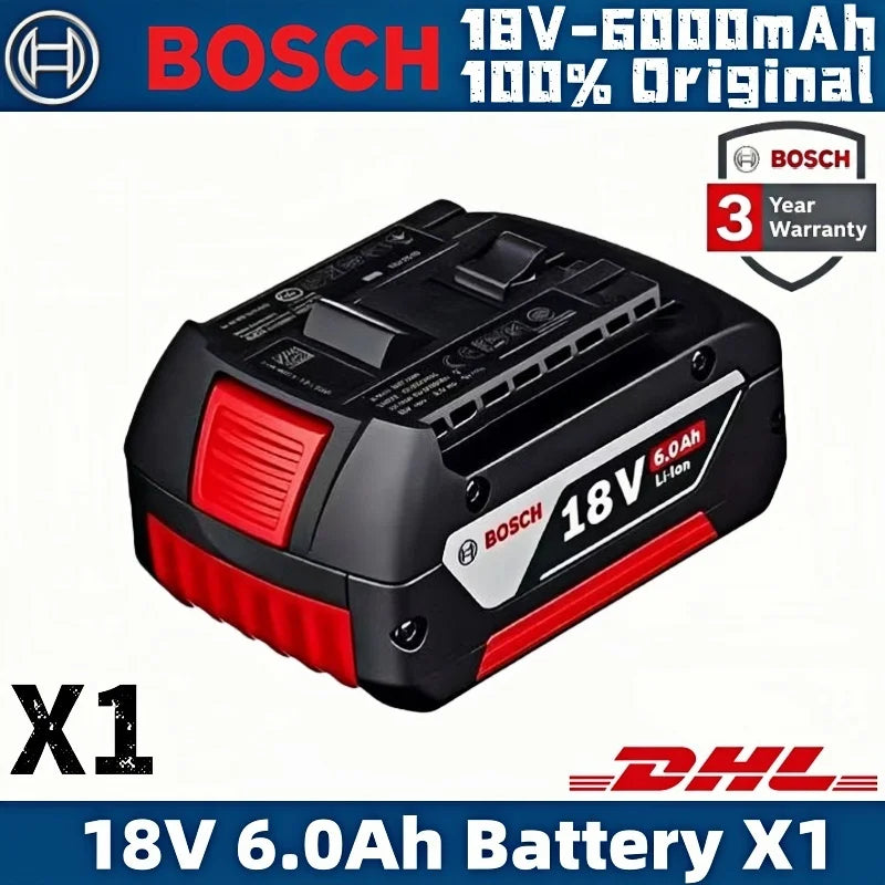 Bosch 18V 6.0Ah battery front view, black and red with LED indicator