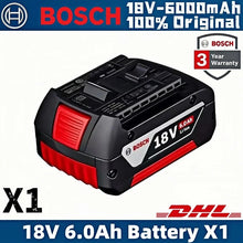 Bosch 18V 6.0Ah battery front view, black and red with LED indicator