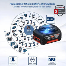 Bosch 18V battery pack packaging, three batteries and 3-year warranty