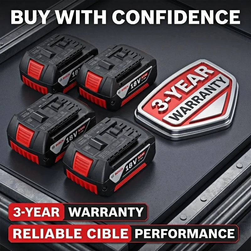 Bosch 18V battery pack packaging, four batteries and 3-year warranty