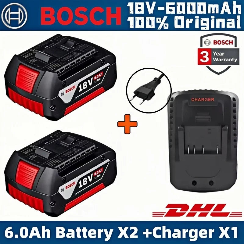 Bosch 18V battery packaging, black and red box, two batteries