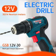 Bosch GSB-12-V30 drill with 12V power and included bit, blue and black detail