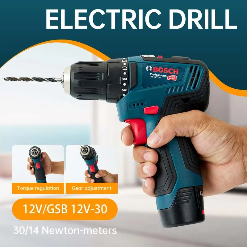 Bosch GSB-12-V30 drill ergonomic handle, blue and black detail shot