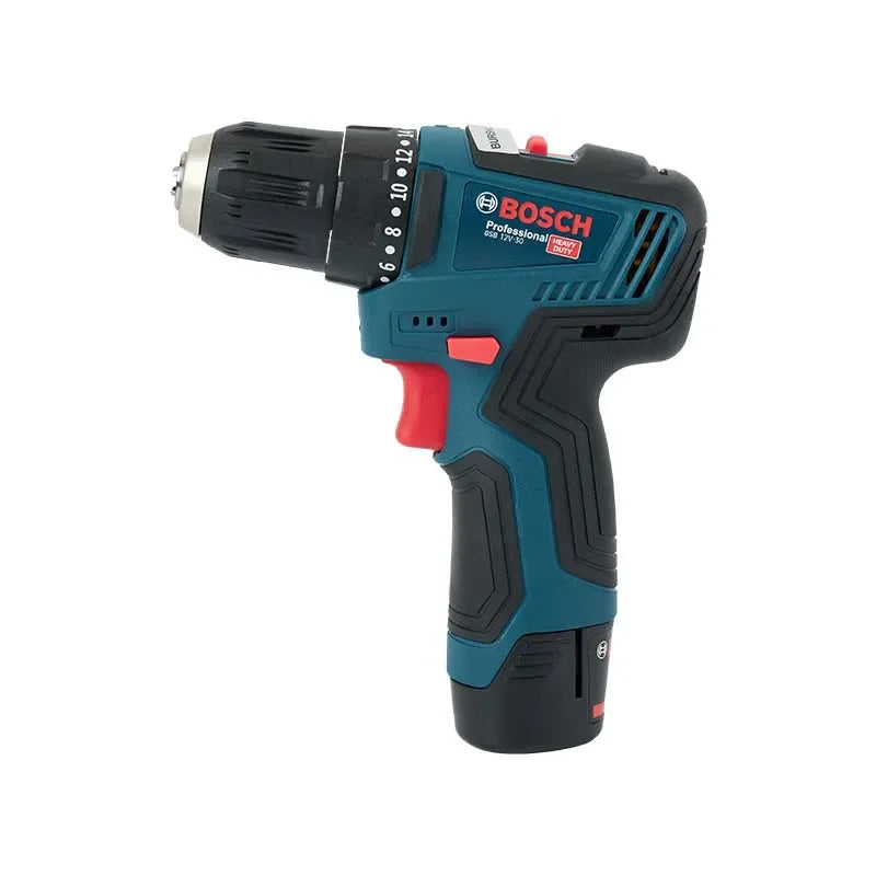 Bosch GSB-12-V30 front view with trigger control, compact blue black red
