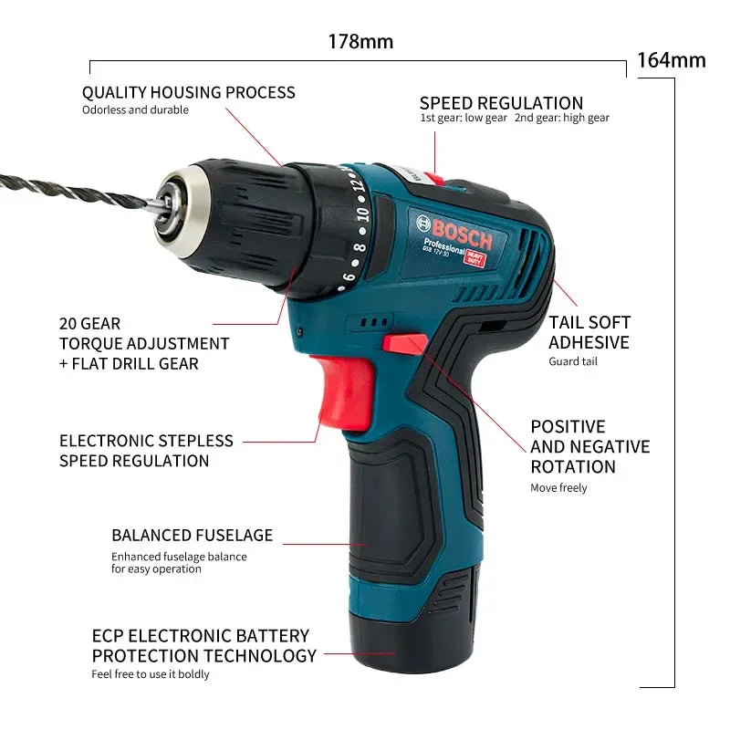 Bosch GSB-12-V30 cordless drill trigger and power indicator, blue black red close-up