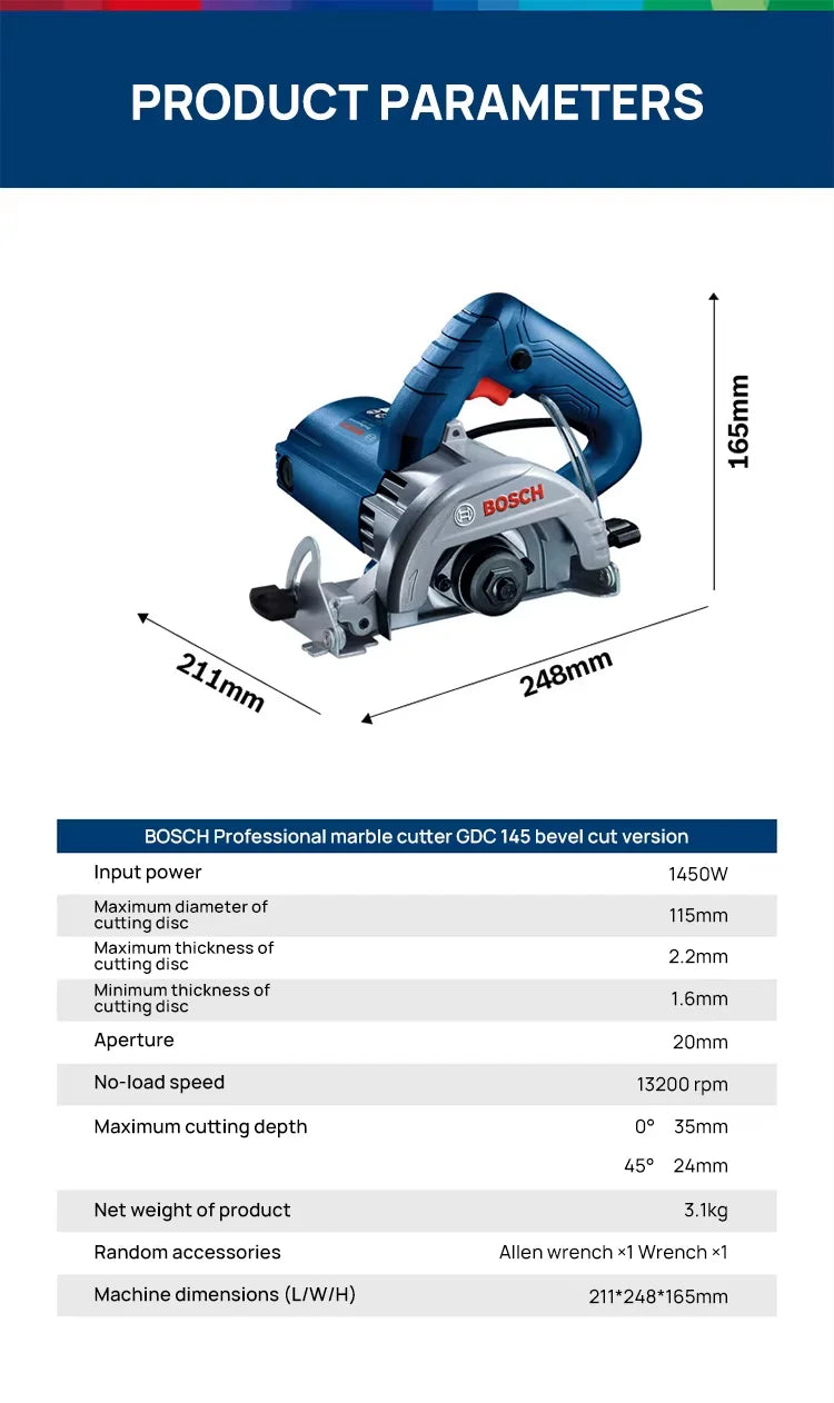 Bosch GDC145 technical drawing with specifications for stone and ceramic cutting