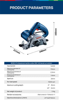Bosch GDC145 technical drawing with specifications for stone and ceramic cutting