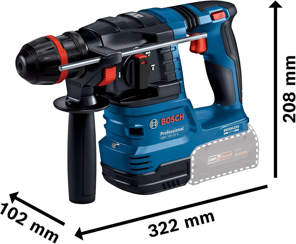 Bosch GBH 18V-22 X side view, blue cordless rotary hammer with battery pack and charger