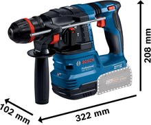Bosch GBH 18V-22 X side view, blue cordless rotary hammer with battery pack and charger