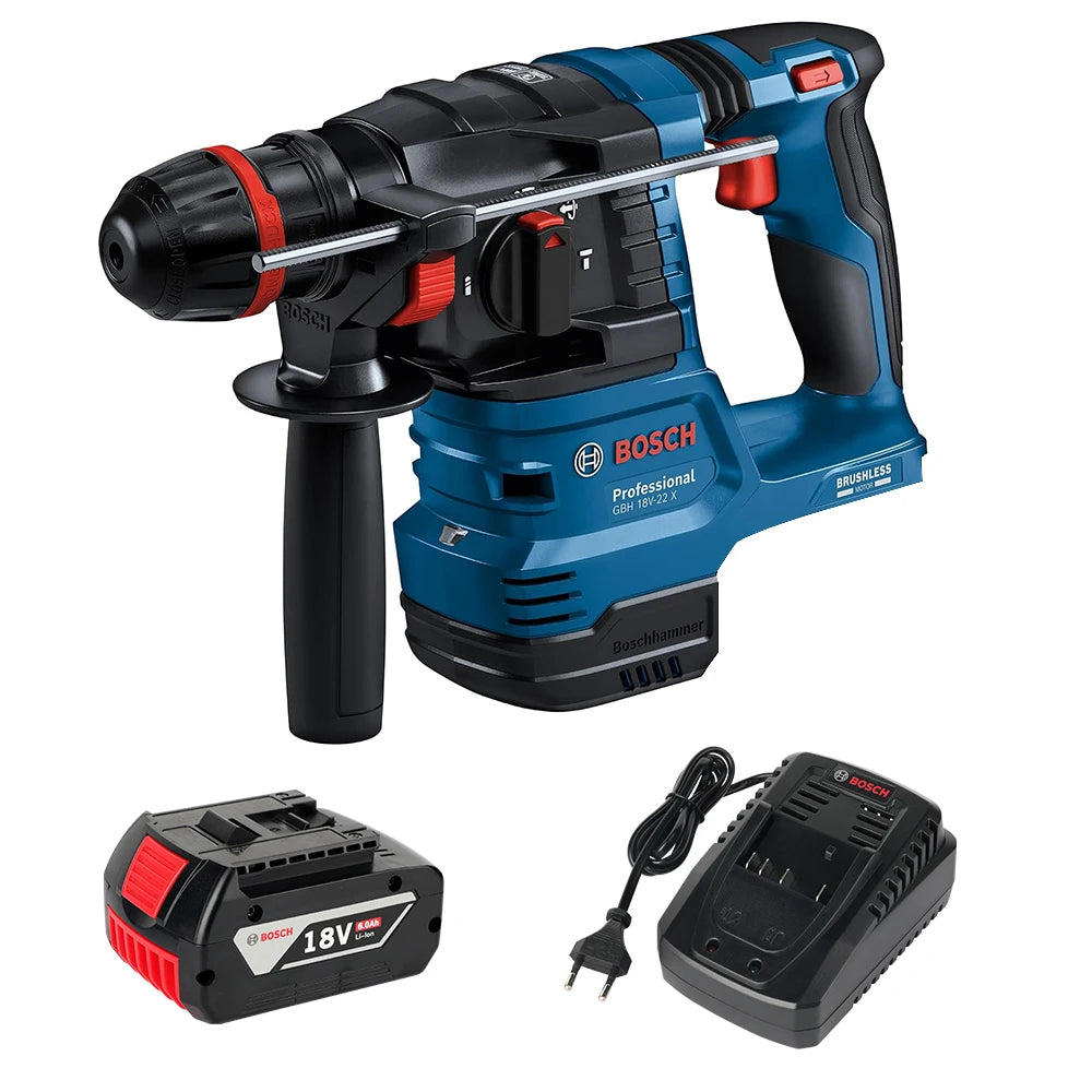 Bosch GBH 18V-22 X front view, blue cordless rotary hammer with battery and charger