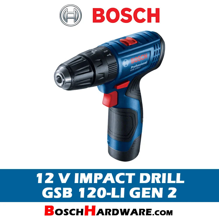 Bosch GSR 120-LI impact drill front view, blue and black with LED light