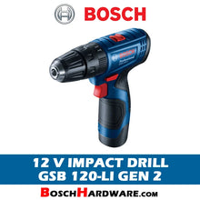 Bosch GSR 120-LI impact drill front view, blue and black with LED light