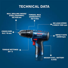 Bosch GSR 120-LI impact drill advertisement, blue and red promotional graphic