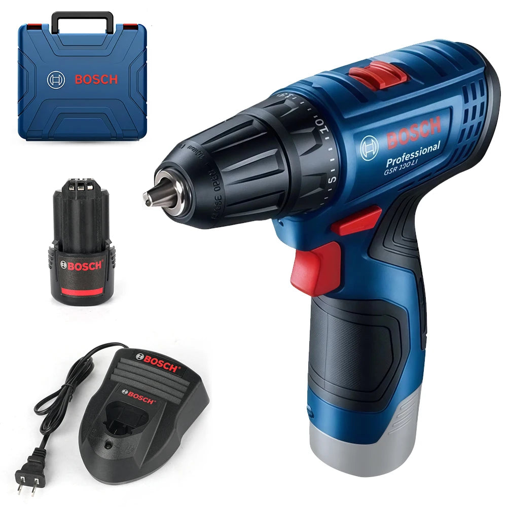 Bosch GSR 120-LI cordless drill set packaging, blue and black case included