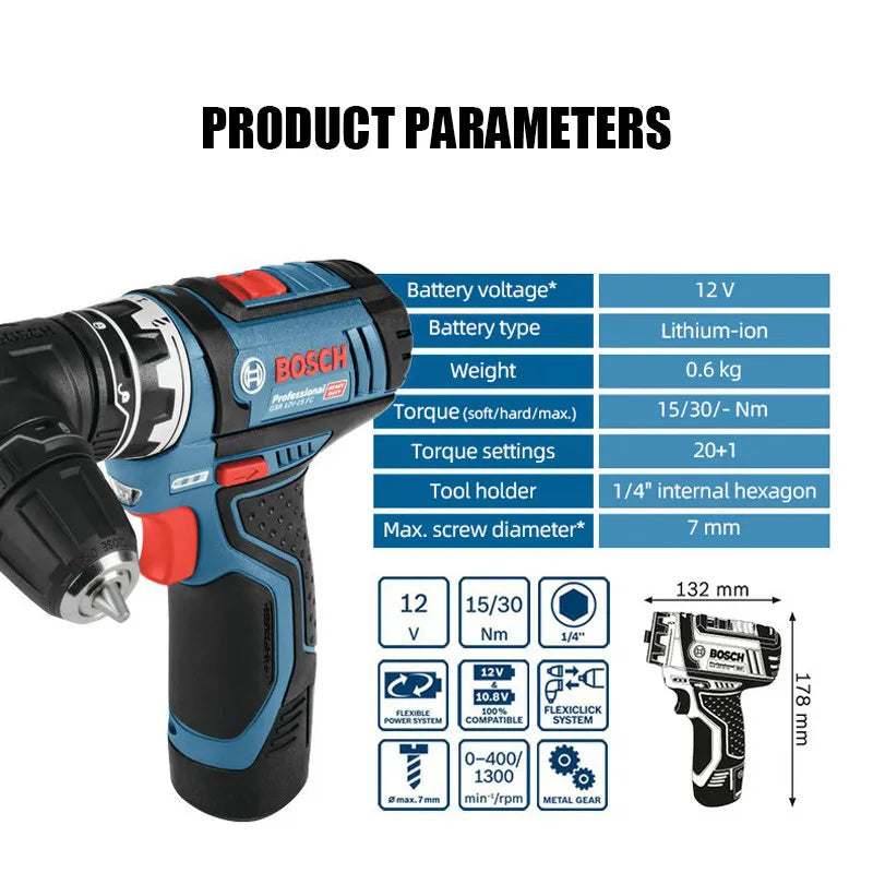 Bosch cordless drill detail close-up with adjustable head, blue-black-red