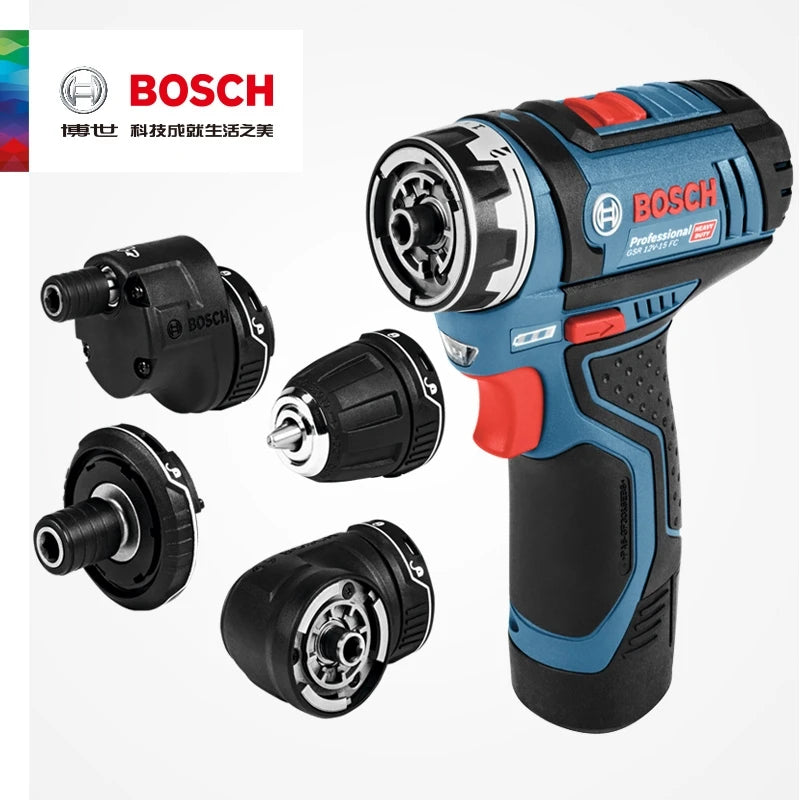 Bosch cordless drill front view, blue-black-red body on white background