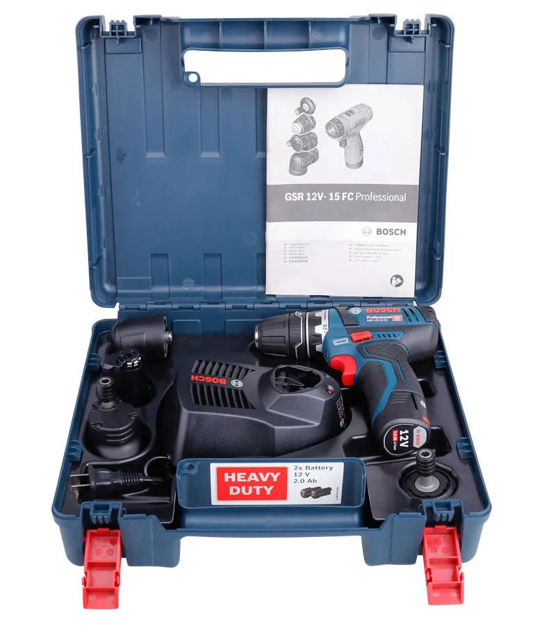 Bosch cordless drill packaging with storage case and manual, blue-black-red
