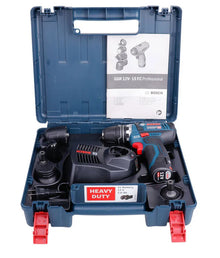 Bosch cordless drill packaging with storage case and manual, blue-black-red