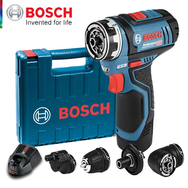 Bosch cordless drill set packaging with carrying case and attachments, blue-black-red