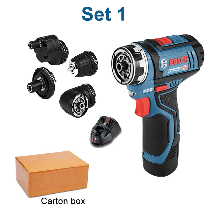 Bosch cordless drill set packaging with carrying case and attachments, blue-black-red