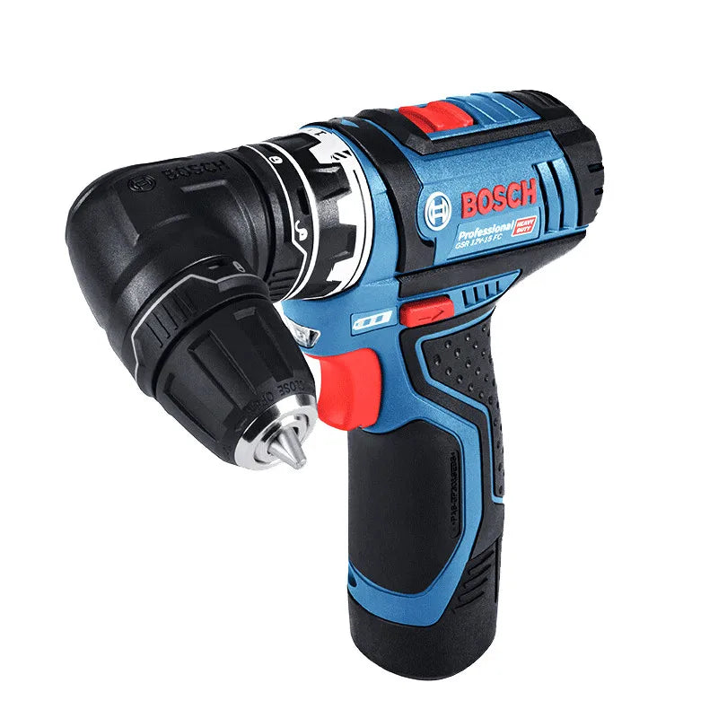 Bosch cordless drill side view with angled head and attachments, white background