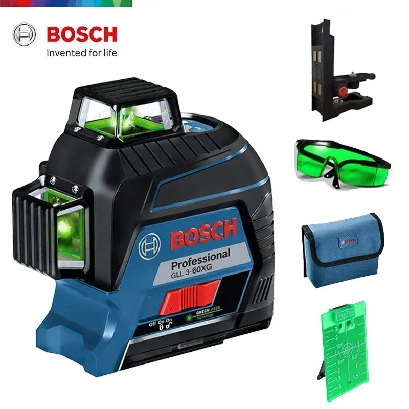 Bosch laser level accessories packaging, various items in compact design