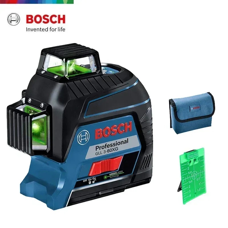 Bosch laser level front view in carrying case, black and green
