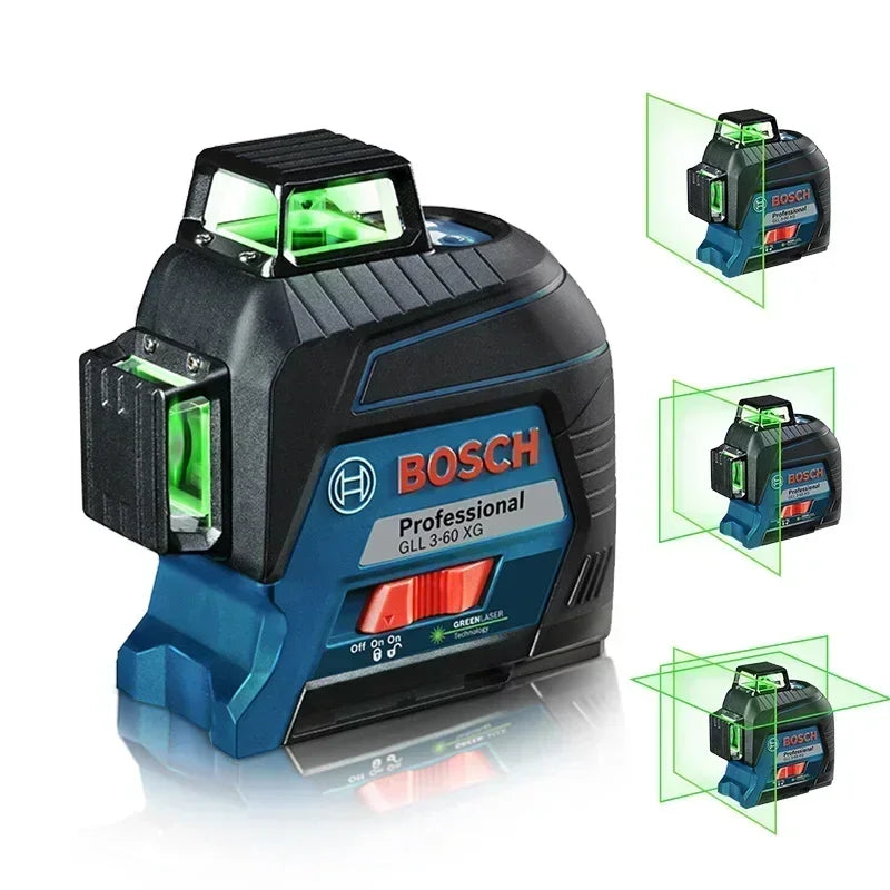 Bosch green laser level with ergonomic design, black and green laser lines