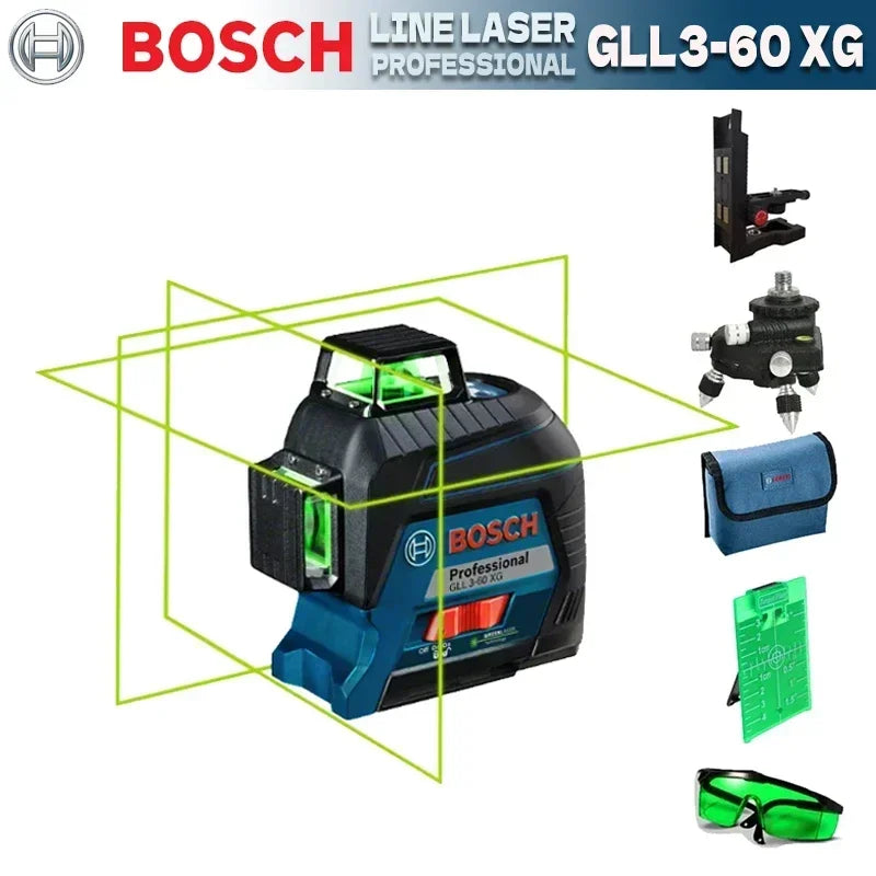 Bosch 12-line green laser level front view, black and green cross lines