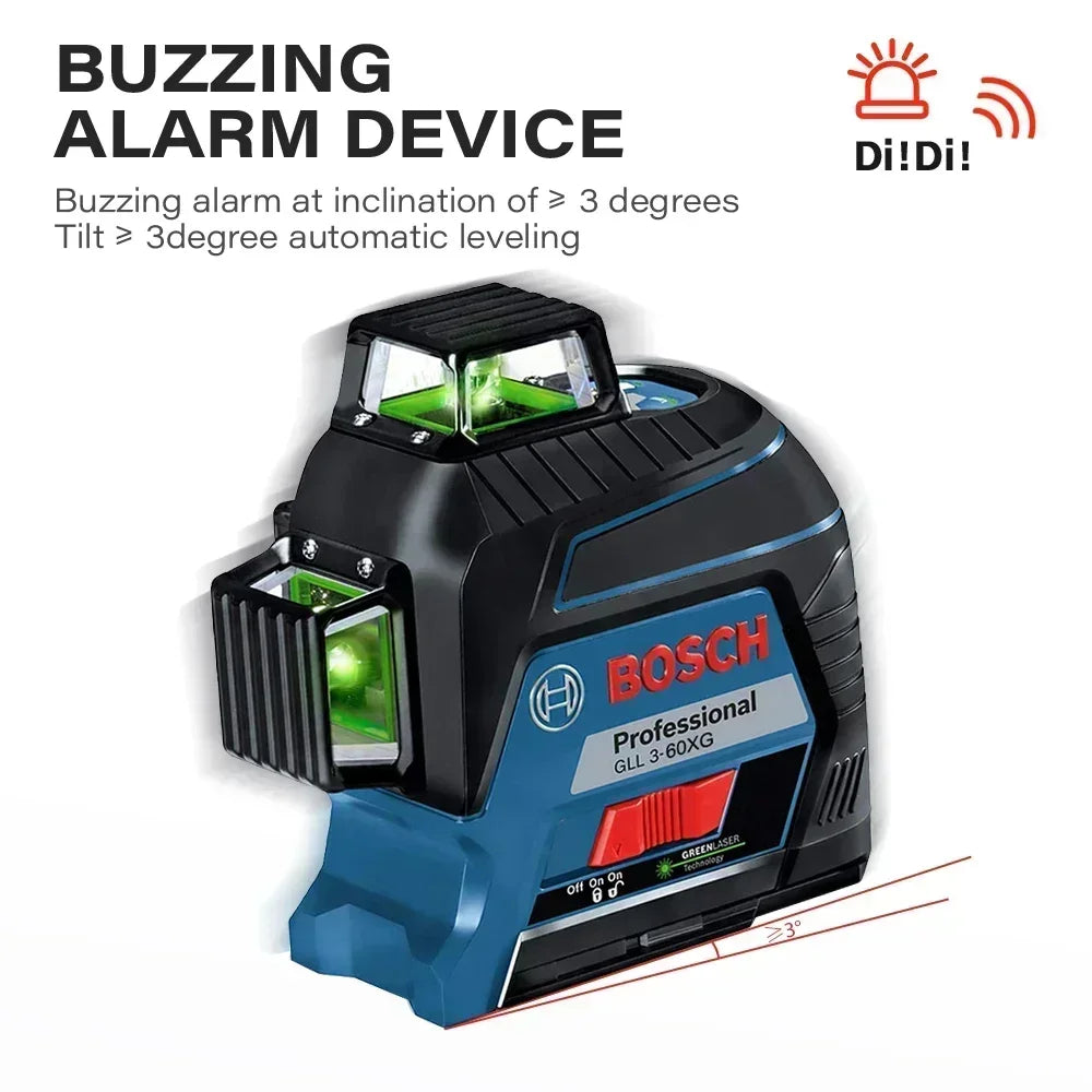 Bosch laser level packaging with alarm feature, buzzing device and instructions