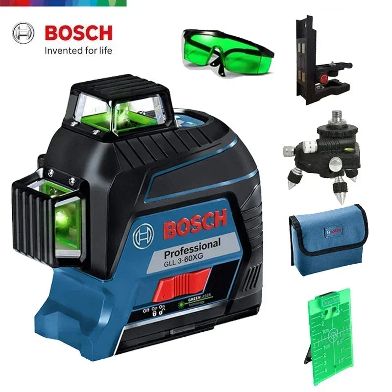Bosch green laser level with adjustable tripod and protective goggles