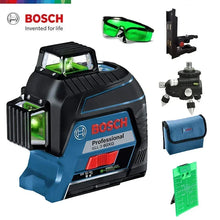 Bosch green laser level with adjustable tripod and protective goggles