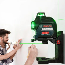 Bosch green laser level in use, wall mount with 360-degree self-leveling