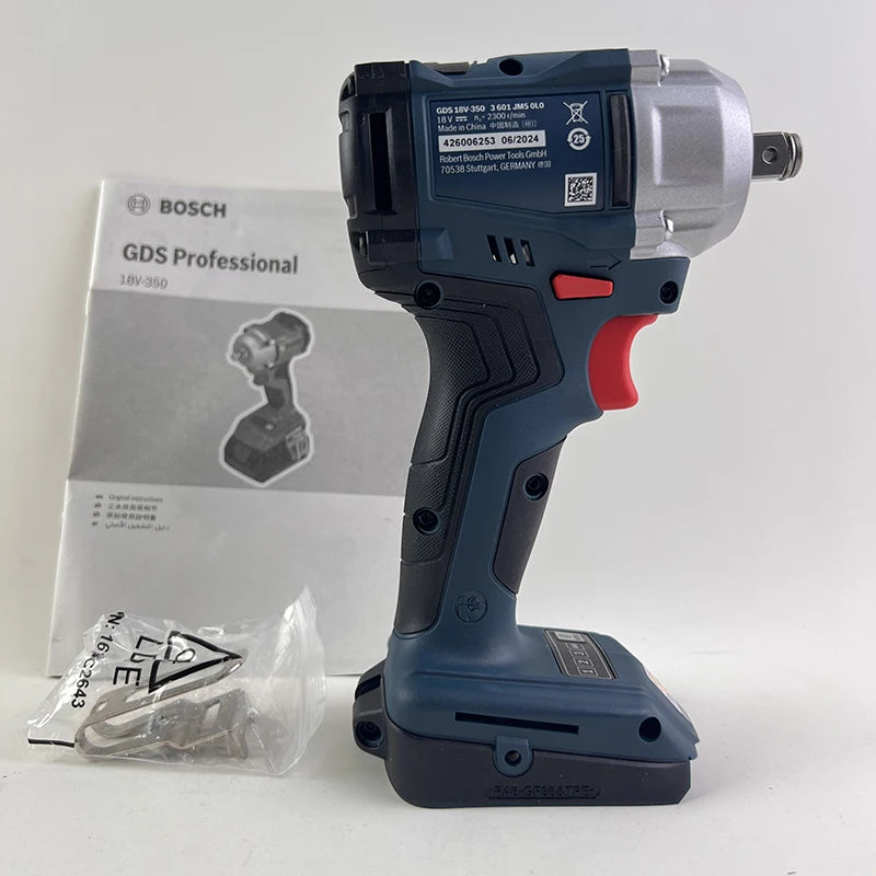 Bosch GDS18V-350 impact wrench side view, cordless tool with manual and battery