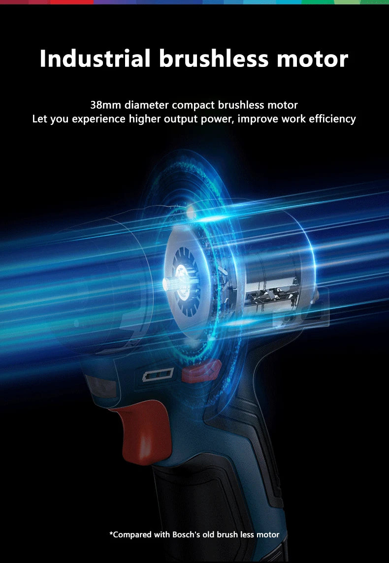 Bosch GSR 12V drill close-up detail, blue and black brushless motor