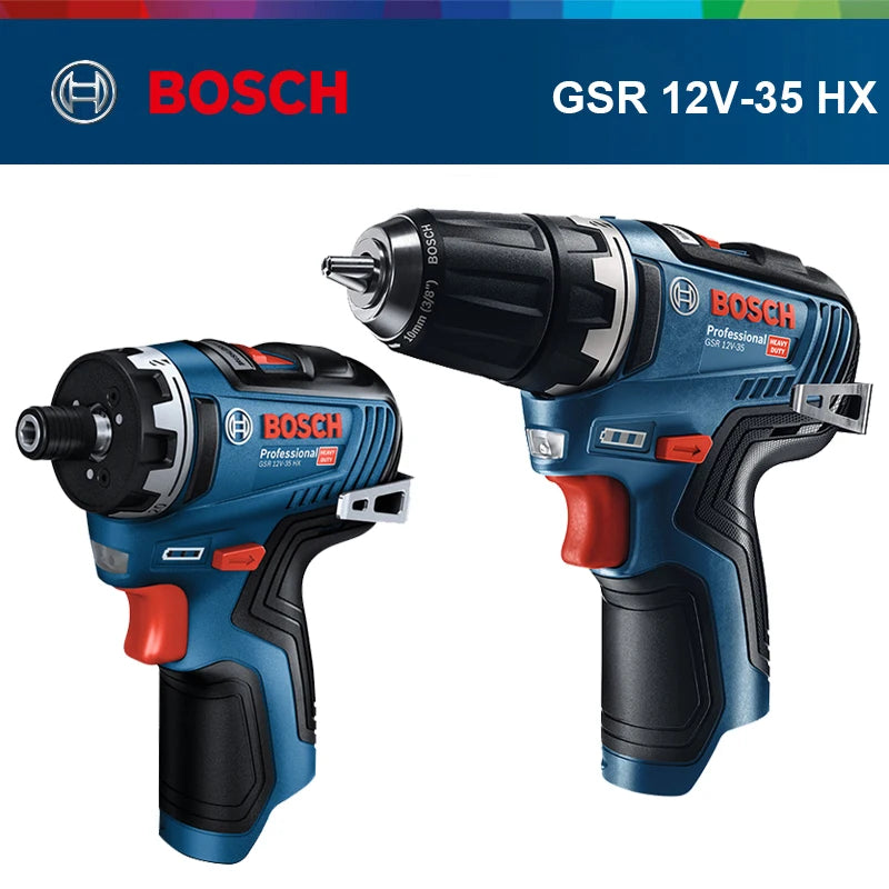 Bosch GSR 12V drill front view, blue and black with LED light