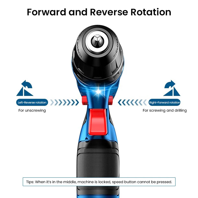 Bosch GSR120 Li cordless drill rotating detail, forward and reverse rotation
