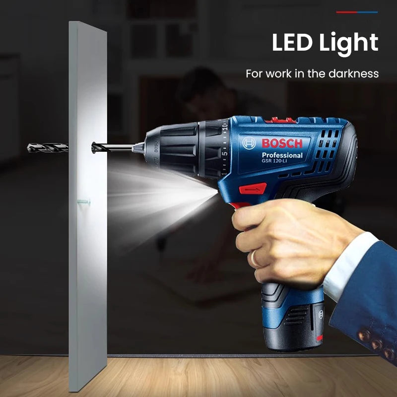 Bosch GSR120 Li cordless drill detail view showing speed control, blue and black