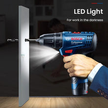 Bosch GSR120 Li cordless drill detail view showing speed control, blue and black