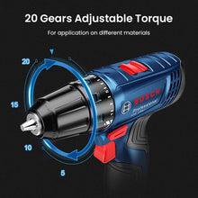 Bosch GSR120 Li cordless drill detail view with adjustable torque, blue and black