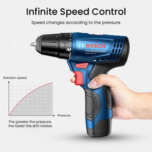 Bosch GSR120 Li cordless drill in use, speed control focus in natural setting