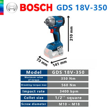 Bosch GDS 18V-350 specifications detail in blue and gray packaging