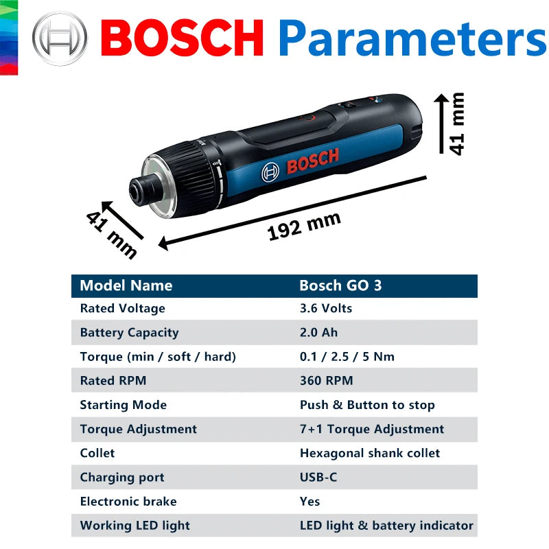 Bosch GO 3 screwdriver set packaging, tools and bits shown in box