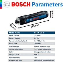 Bosch GO 3 screwdriver set packaging, tools and bits shown in box