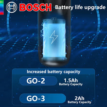 Bosch GO 3 battery life upgrade graphic, blue and black on solid background